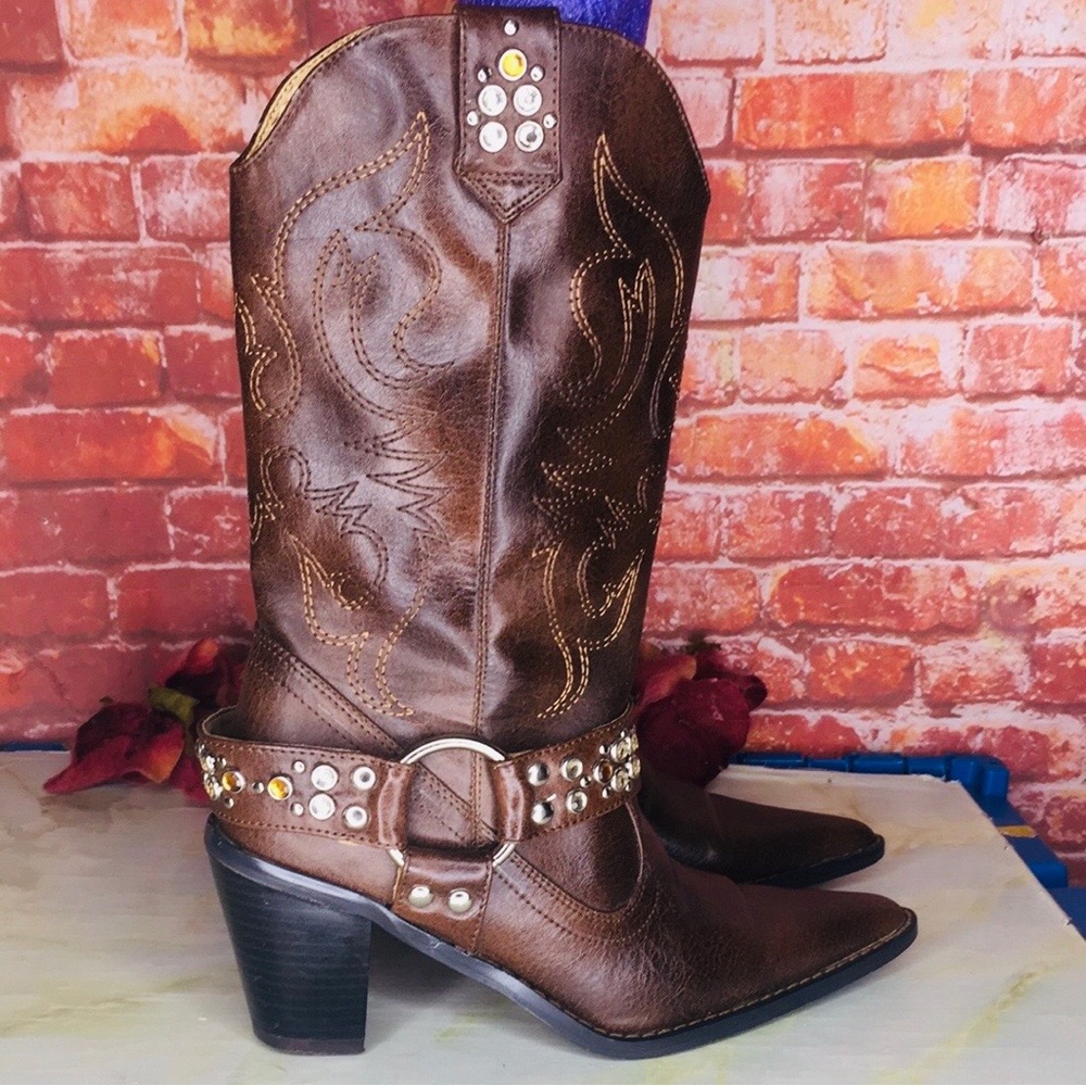 Dark Brown Heeled Rhinestone Embellished Concho Cowboy Western Boots